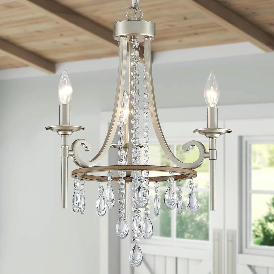WUZUPS Candle Chandelier 3-Light Pendant Ceiling Light Modern Lighting Fixture for Bedroom Hallway Bar Kitchen Dinning Living Room Bathroom, Nickel & Imitation Wood Grain,16.1" Wide 23.8" High