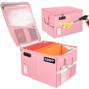 TOMKID 5200°F Fireproof Document Box, Fire Important Document Organizer with Lock, Upgraded Heat Insulated Filing Storage Cabinet Office Organization (5200°F Fireproof Box, Pink)