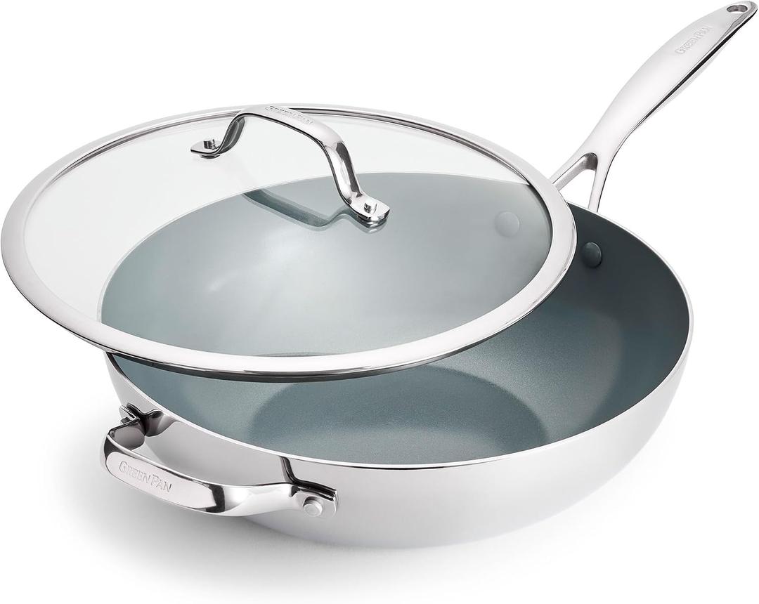 GreenPan Valencia Pro Tri-Ply Stainless Steel 12 Wok with Lid, PFAS-Free Ceramic Nonstick Coating, Induction Ready Cookware, All Cooktops, Dishwasher & Oven Safe to 600F