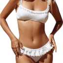 MakeMeChic Women's 2 Piece Bikini Set Lace Square Neck Spaghetti Strap Ruffle Bathing Suit Swimsuit (Medium, White)