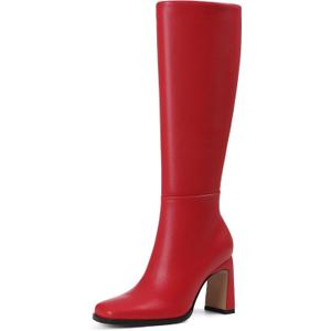 Knee High Boots for Women Square Toe Chunky Heel Leather Tall Fall Winter Fashion Dress Long Boots (8, Red)