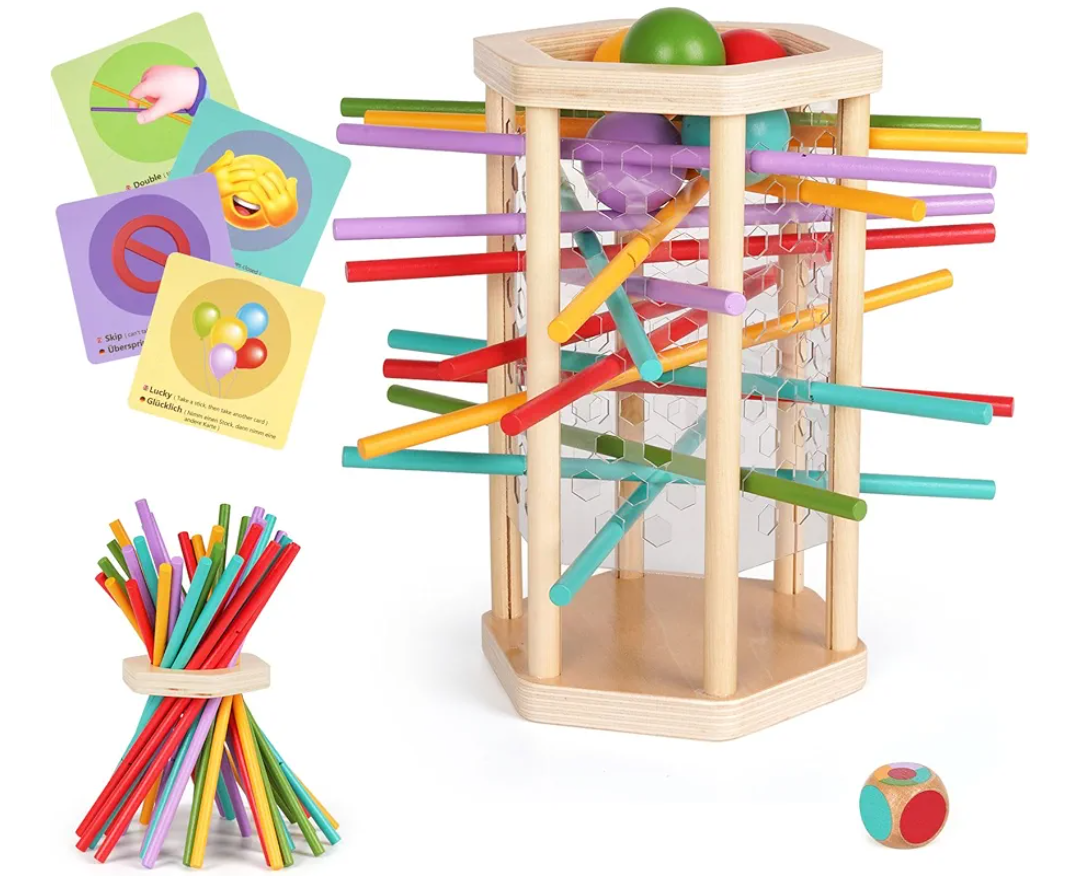 4 in 1Montessori Game Toy Wooden Board Game with Cards,Colorful Wooden Sticks Dice Game Math Educational Toys Sticks Stacking Game,Fine Motor Skills Game & Counting Toy Family Travel Game Gifts