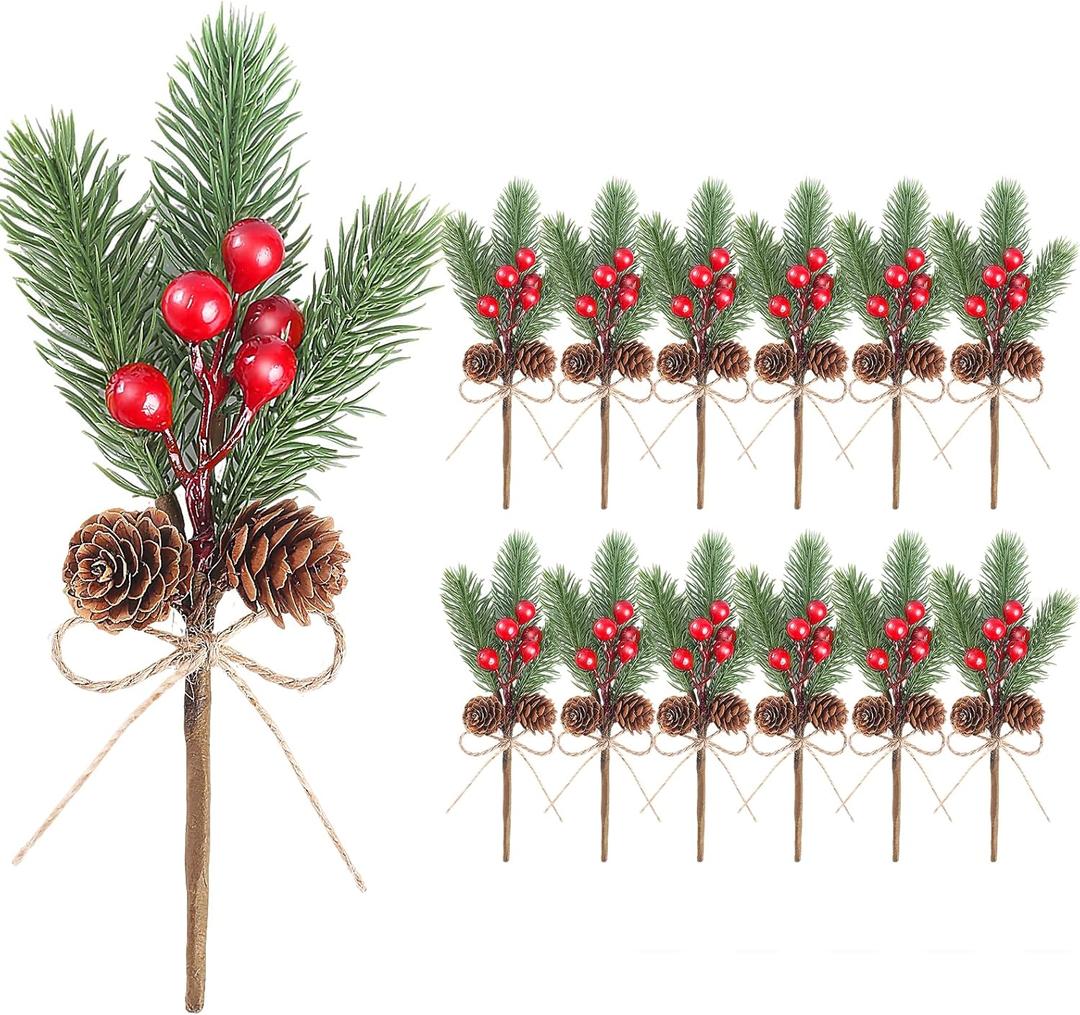 12PCS 8inch Pine Cone Red Berry Picks Stems Crafts Branch Christmas Wreath, Holly Artificial Evergreen Branches Tiny Pine Cones Picks Decor Floral Picks for Christmas Flower Wreaths DIY
