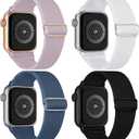 4 Pack Stretchy Solo Loop Compatible with Apple Watch Band 38mm 40mm 41mm 42mm 44mm 45mm 46mm 49mm Women Men, Sport Nylon Elastic Straps Braided Wristbands for iWatch Series 10 9 8 7 6 5 4 3 Ultra SE (Black/White/LavenderGrey/Blue)