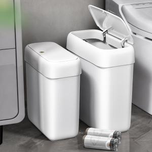 funest 2 Pack Bathroom Can with Pop-Up Lid,3 Gallon & 2.7 Gallon Small Spaces Plastic Garbage Can,Slim Wastebasket for Bathroom, RV, Office, White