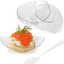 TOFLEN 100ct Mini Dessert Plates with Tasting Spoons, 3-1/8 x 2-5/8 Inches Small Reusable Clear Plastic Party Serving Hors D'oeuvres Plates for Appetizers (Leaf Shape)