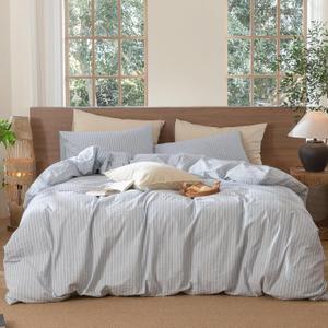 MooMee Striped Duvet Cover Set 100% Washed Cotton Linen Like Textured Breathable Durable Soft Comfy (Cornflower Blue White Wide Stripes, Queen 90"x90")