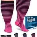 Doctor's Select 3 Pairs Plus Size Compression Socks Wide Calf | Bamboo Viscose Knee High Socks | Extra Wide Calf | Pink, Cobalt Blue, Grey (Black Stripes) XXL