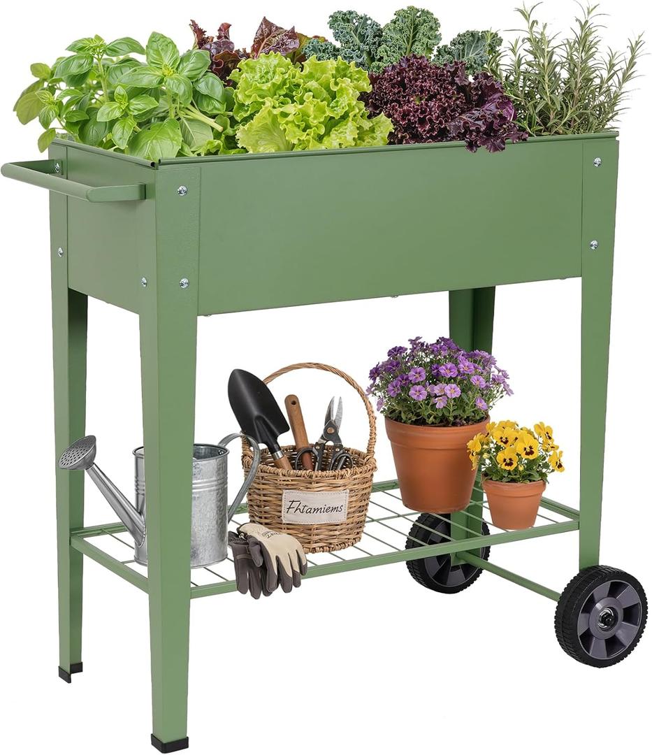 Tall Raised Garden Bed Outdoor with Wheels, Metal Elevated Raised Planter Box with Drainage Holes for Vegetables, Flower, Herbs (Green)