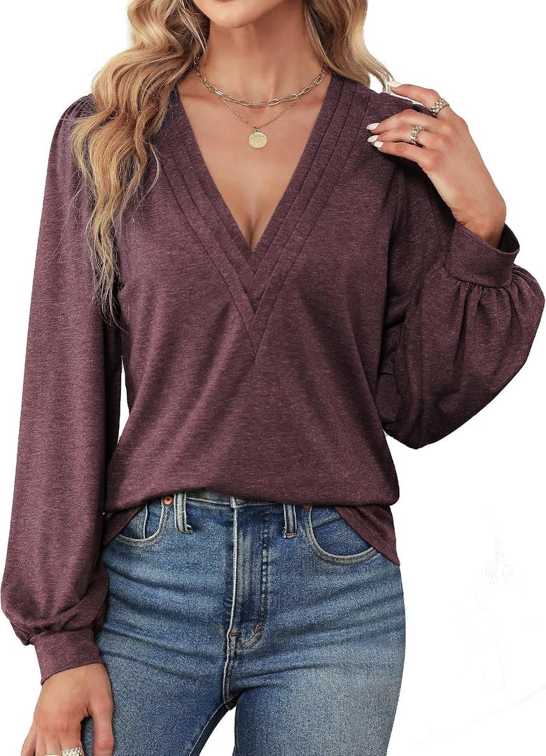 Agnes Urban Womens V Neck Long Sleeve Tops Dressy Casual Fall Shirts Puff Sleeve Loose Tunic Trendy Tops Blouses (White, L)