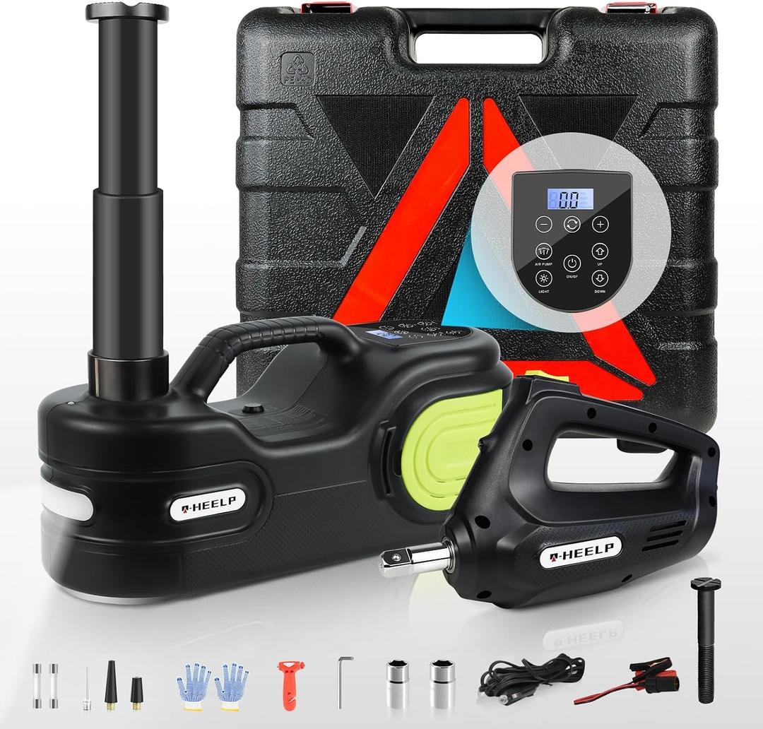 E-HEELP Electric Car Jack Kit 5T 12V Hydraulic Tire Jack with Double Cylinder Air Pump & LCD Touch Screen & Impact Wrench Portable Car Lift for Tire Changes and Roadside Emergencies, 5T Set - Double Cylinder + Extension Rod