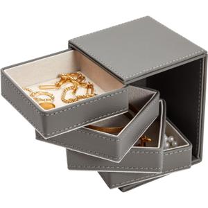 Juvale 4 Layer Rotating Jewelry Organizer for Men & Women, Small Faux Leather Box for Necklaces, Rings, Earrings, Bracelets (Gray, 4 x 5 Inch) - Jewelry Boxes & Organizers