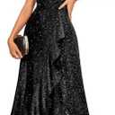 BeryLove Women Sequin Formal Party Dress Flutter Short Sleeve Wedding Cocktail Long Evening Dress, Medium, Black
