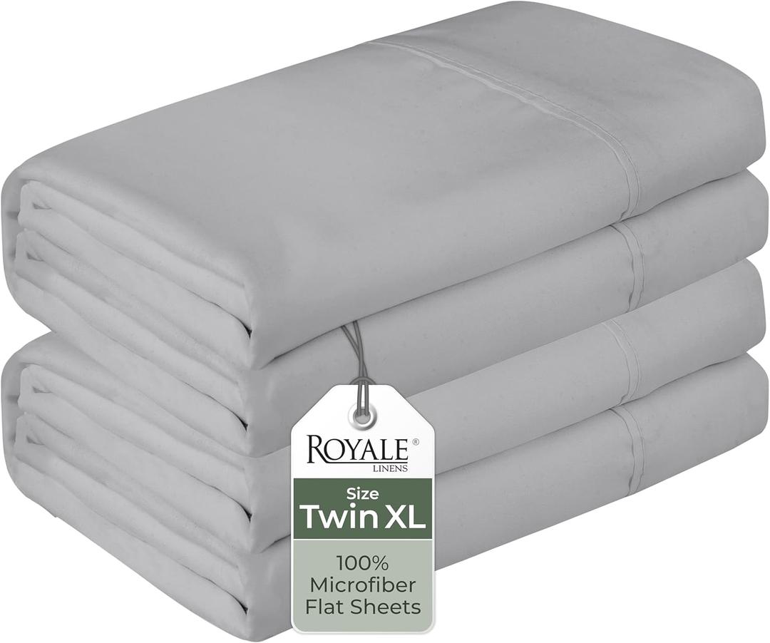 Royale Linens 2 Pack Bulk Flat Sheet Set - Top Sheets -Soft 1800 Microfiber -Wrinkle & Stain Resistant - for Hotel, Massage Table, Hospital, Dorm - Twin XL Flat Sheet Sold Separately (Twin Xl, Silver)