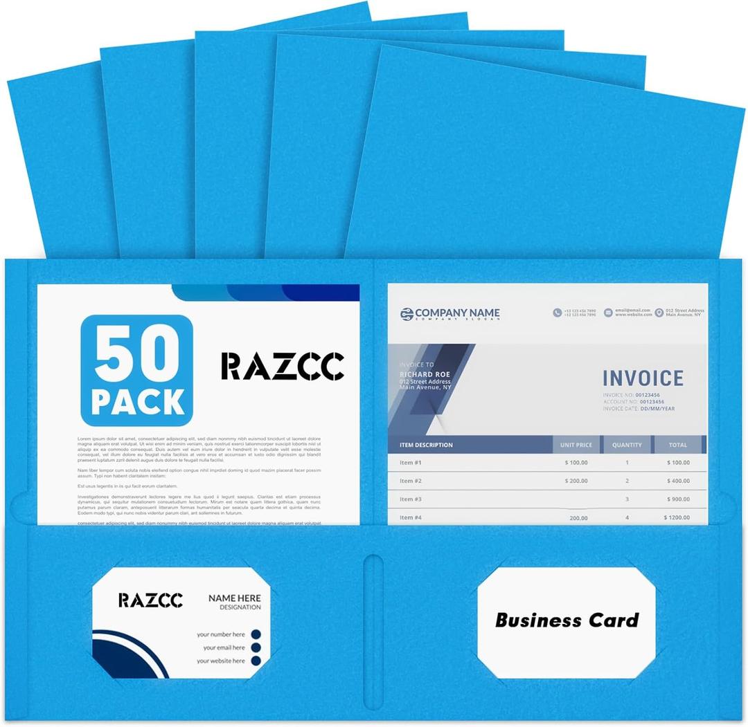 Two Pocket Folders, RAZCC 50 Pack 2 Pocket Folders Fit Letter Size Paper, Paper Folders with Pockets for School Office Business Home (Blue)