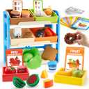 Montessori Color Sorting Food Toy, 60+ Pieces Play Food for Kids with Display Rack & 6 Boxes, Grocery Store Kitchen Playset for Toddlers 3+ Year Old, Preschool Educational Toys, Gifts for Boys Girls