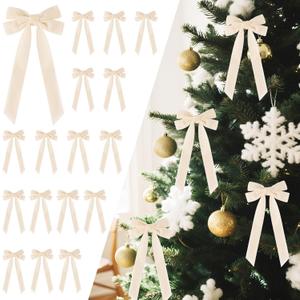 Senjie 16Pcs Velvet Ribbon Bows for Christmas Tree, Vintage Rustic Small Craft Bows Ornaments for Garland Wreath Gift Wrapping Candy Bags Party DIY Decorations (Beige, 5" x 10", Width of 1")