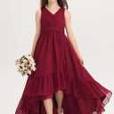 Junior Bridesmaid Dress Long Wedding Flower Girl Dress for Teen Party Pageant Gowns Chiffon (Red, 16)