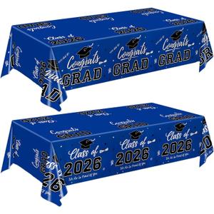 QIYANPAX Graduation Decorations 2026, Class of 2026 Graduation Tablecloth, 2 Pack Disposable Plastic Blue Tablecloths for Congrats Grad Party Decorations Banner, 54 x 108 Inch