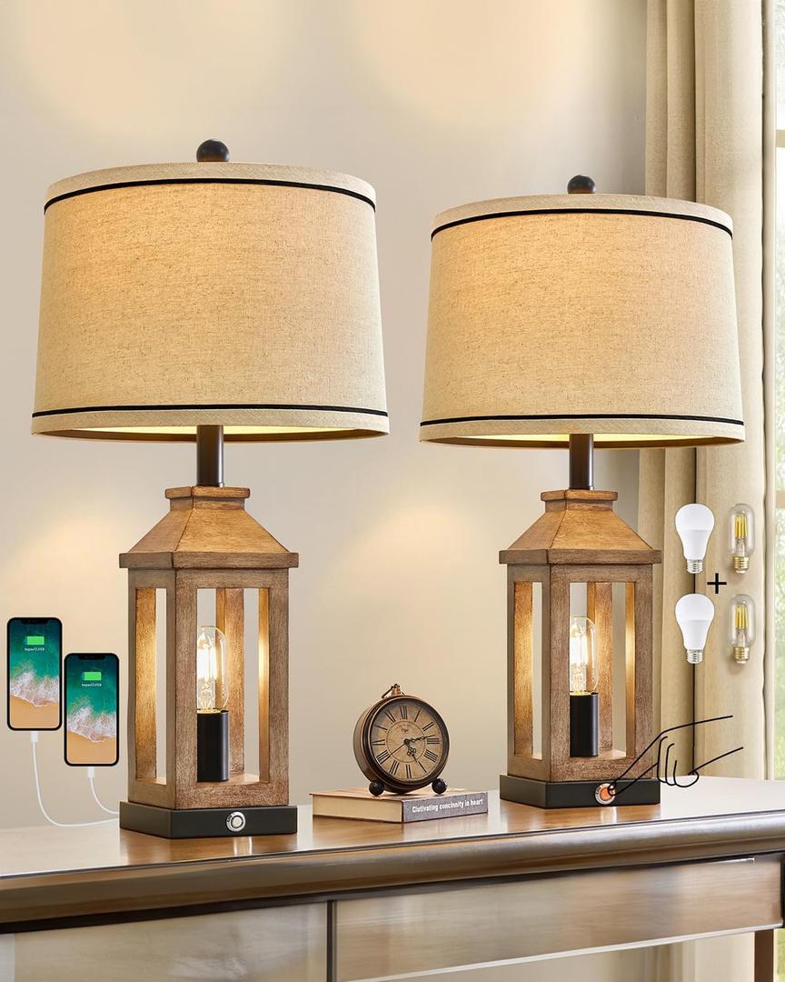 23.75" Farmhouse Dual USB Charging Ports 3-Way Dimmable Touch Control Table Lamp with Nightlight Vintage Modern Lamps for Living Room Bedroom (Wood - Set of Two)