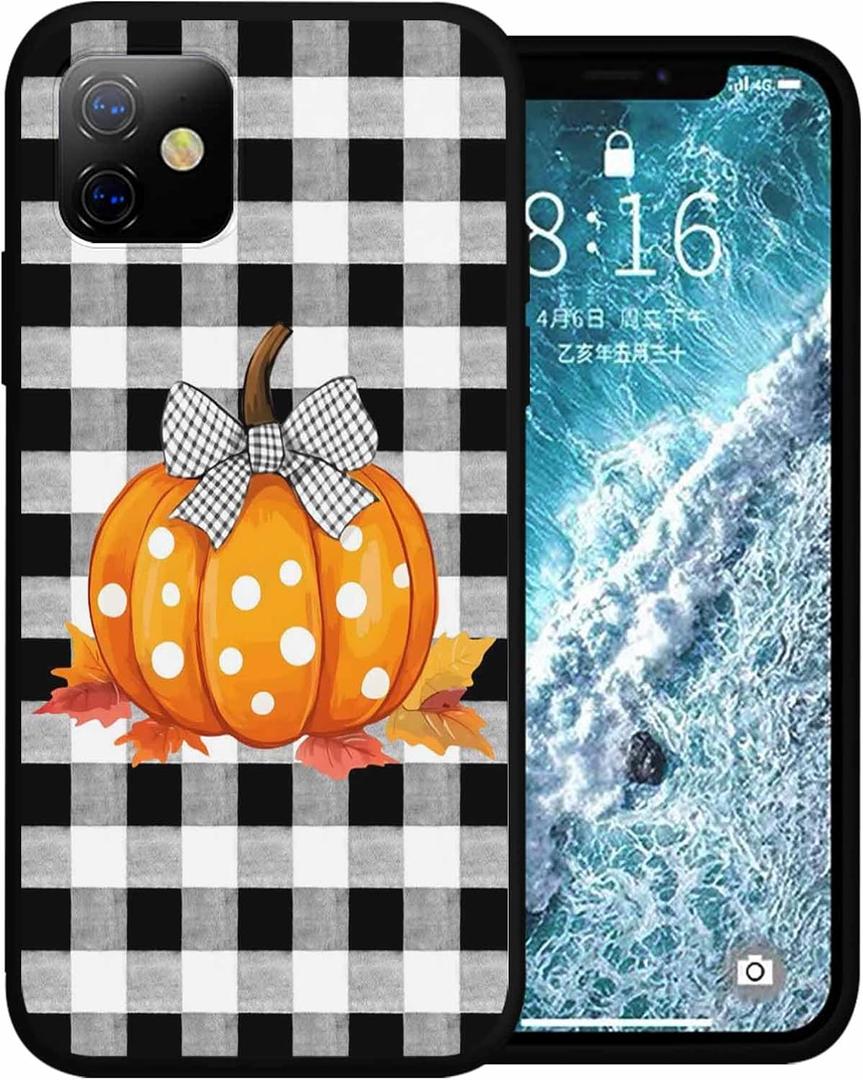Compatible with iPhone 14 Pro Max Case 6.7 inch, Thanksgiving Fall Yellow Dots Pumpkin Black Plaid Phone Case Ultra Slim Thin Silicone Cover Anti-Scratch Shockproof Protective Rubber Case