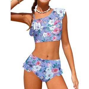 Arshiner Girls Two Piece Swimsuit Ruffles Flounce Printed Bikini Set Swimwear Girl Bathing Suits with Chest Pad 4-15 Years (Pattern 13)