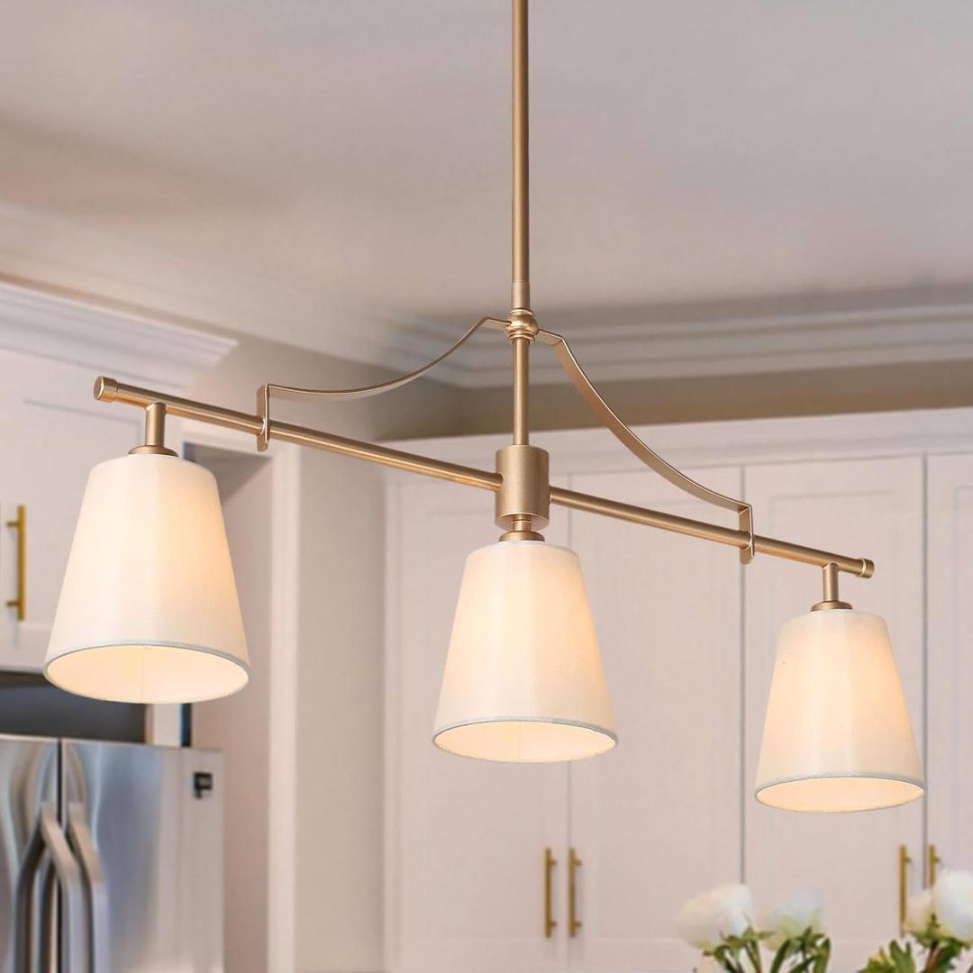 KSANA Brushed Gold Chandelier, Modern 3-Lights Linear Island Light Fixtures with Fabric Shades for Dining Room, Foyer, Bedroom and Living Room
