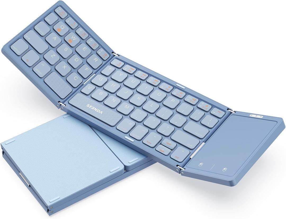 seenda Foldable Bluetooth Keyboard for Travel, Tri-Folding Wireless Rechargeable Multi-Device Portable Keyboard with Touchpad, for Laptop iPad Tablet PC Smartphone Windows iOS Android, Blue