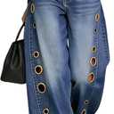 Kwunbwa Women's Metal Circle Cut Out Jeans Baggy Wide Leg Denim Pants (Blue, S)