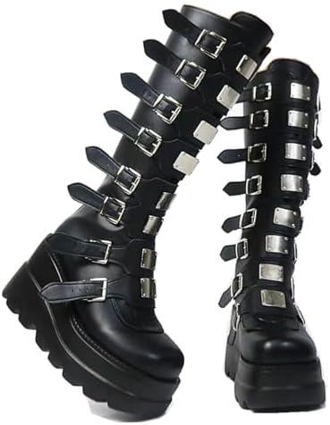 Gothniero High Platform Knee Boots Chunky Heel Wedge Black Boots For Women Combat Goth Punk Motorcycle Booties Zip up With Metal Buckles Size 39