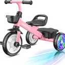 Umatoll Tricycle for Toddlers 2-5 Year Old, Adjustable Toddler Bike Outdoor Toys, Birthday Gift, Trike with Light up Wheels (Pink)