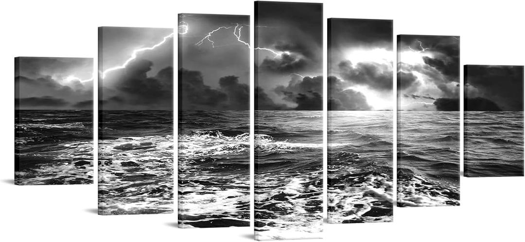 sechars X-Large Multi Piece Canvas Wall Art Black and White Ocean Lightning Storm Picture Painting Nature Wave Seascape Photo Giclee Print for Home Living Room Office Decoration W-70 x H-32