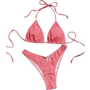 GORGLITTER Women's Gingham Bikini Set Bow High Cut Thong Halter Triangle Top Cheeky Cute 2025 Swimsuit Bathing Suit (Medium, Red)