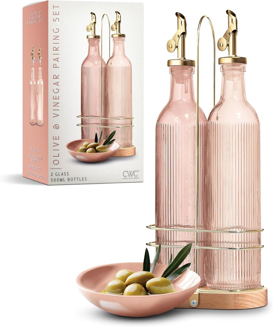 COOK WITH COLOR Glass Olive Oil Dispenser Bottle - 2 Pack, 17 oz Cruet - Elegant Carafe Decanter with Spout for Kitchen, Suitable for Vinegar, Coffee Syrups & Other Liquids (Pink with Bamboo Holder)