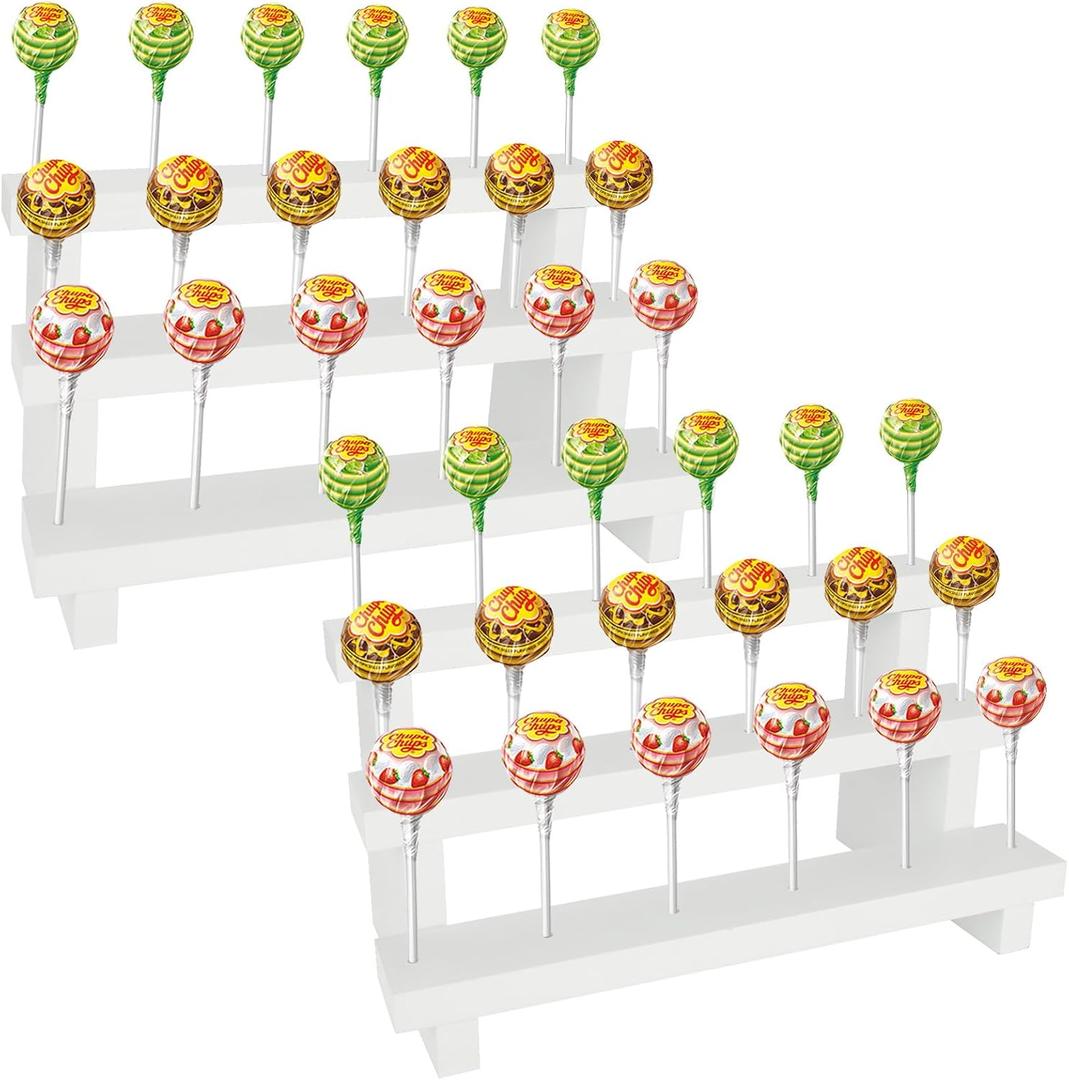 2 Pack Wood Cake Pop Stands for Display 3 Tier White Wooden Lollipop Holders 17 Hole Sucker Stand for Dessert Table for Wedding, Birthday Party Fit 0.16" / 4mm Lollipop Sticks