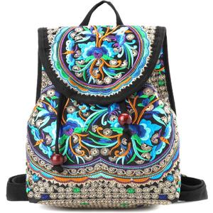 Goodhan Vintage Embroidered Backpack Purses for Women - Boho Shoulder Bag for Travel,Ethnic Floral Mini Back Pack,Lightweight Handbags for Daily Use (Blue)