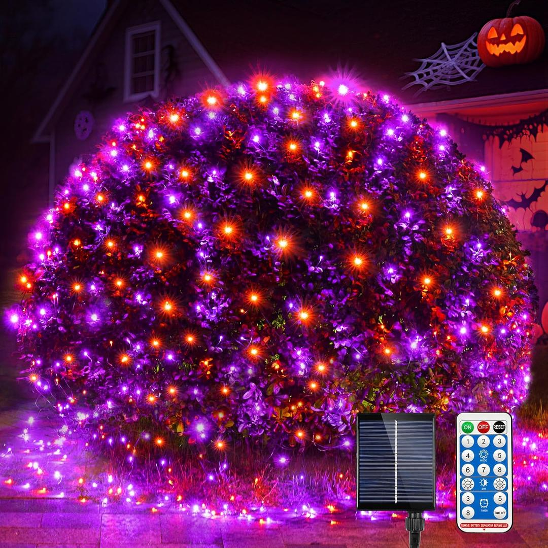WBao Solar Halloween Lights 360LED 11.5ft x 6.9ft Orange Purple Halloween Net Lights with Remote, 8 Modes, Timer, IP65 Waterproof & Dark Green Wire for Lawn, Bushes, Trees, Shrubs Outdoor Decorations