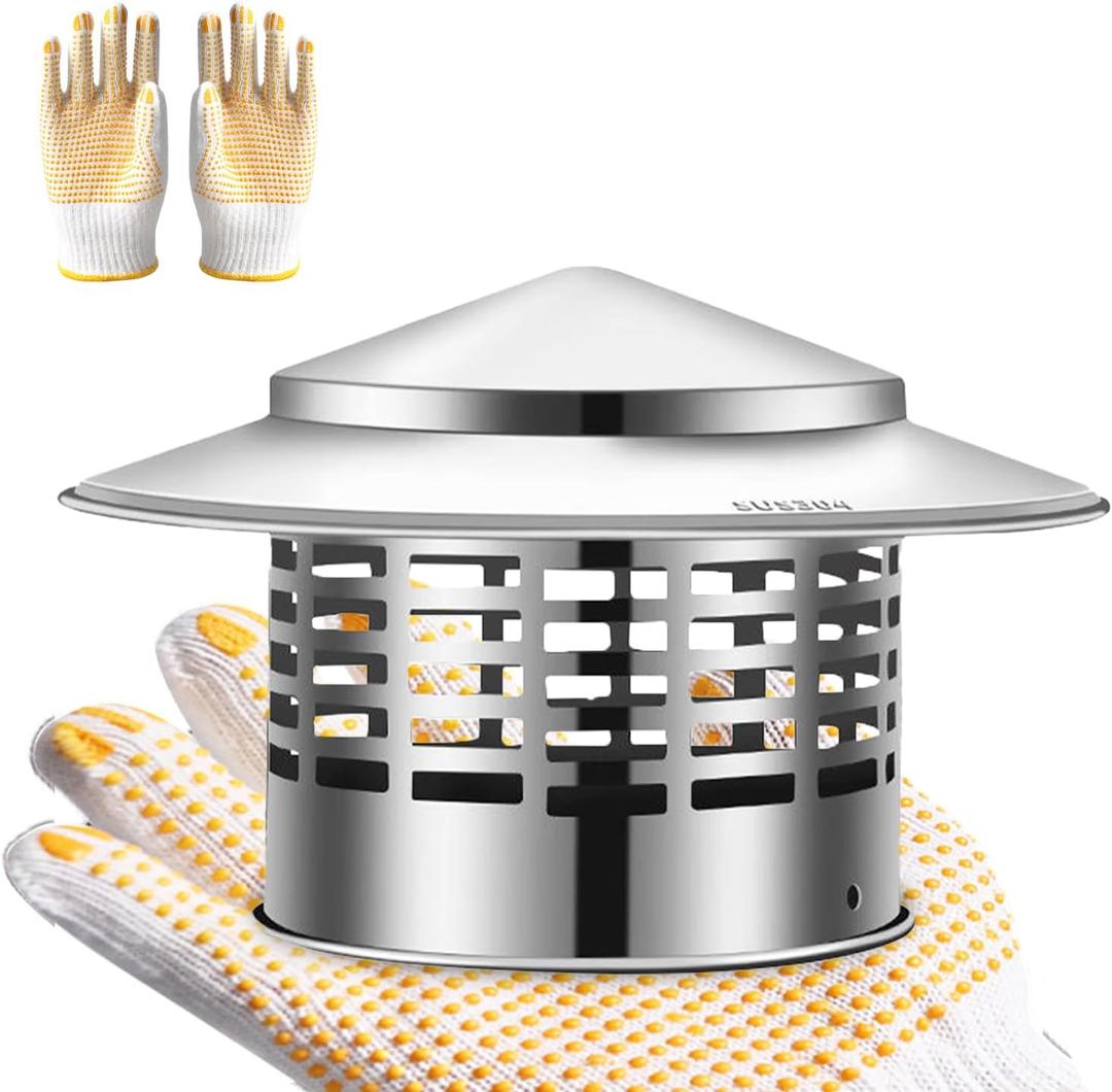 8 Inch Round Chimney Cap, 304 Stainless Steel Chimney Cover with Gloves, Weatherproof Fireplace Chimney Caps for Outdoor Use, Rain Cap for Stove Pipe, Roof Vent Chimney Cap