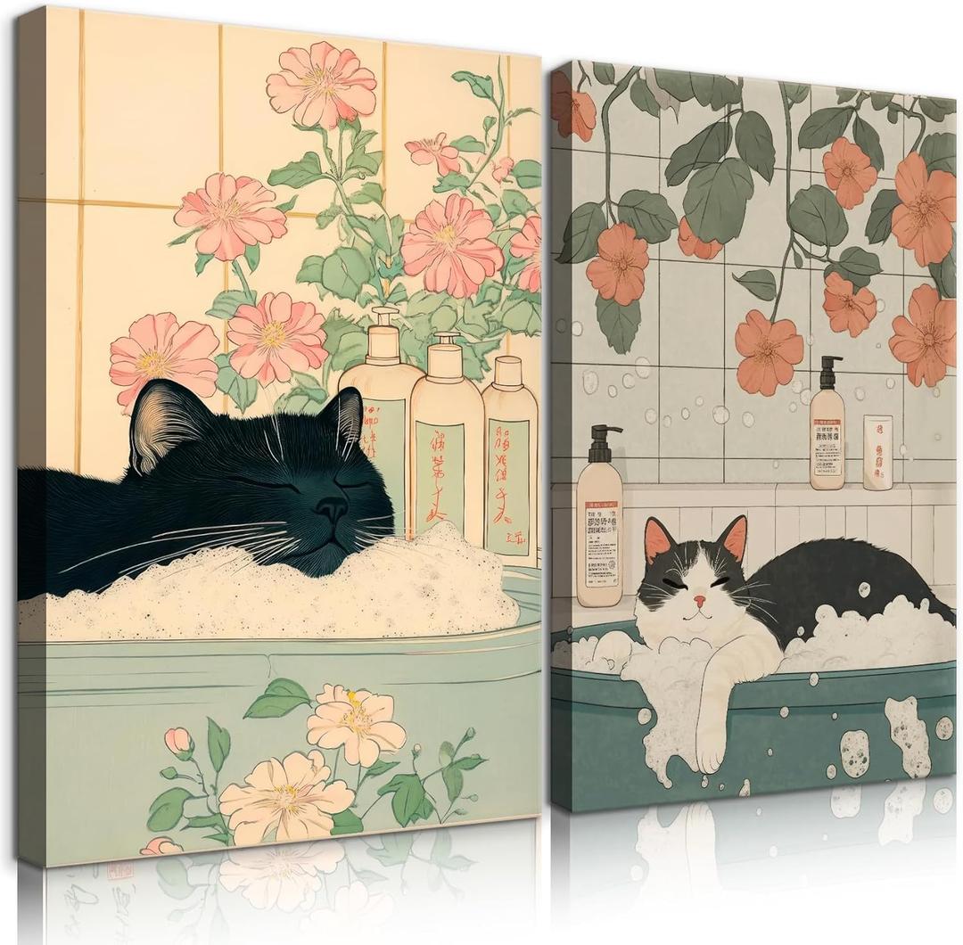 QWETTY666 Black White Cat Bathroom Wall Art Funny Japanese Canvas Wall Decor Cute Cat In Bathtub Painting Print Set of 2 Japandi Restroom Animal Picture Artwork 12x16in Ready to Hang