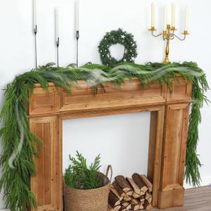2Pcs 9Ft Scented Christmas Norfolk Pine Garland Real Touch Winter Fir Scent Artificial Pine Garlands Deluxe Norfolk Cedar Garland for Holiday Indoor Table Fireplace Wall Mantle Stair Home Decor