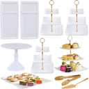 13-Piece Cake Display Set, 4 Square 3-Tier Cupcake Stands, Large Cake Stand, 6 Rectangular Trays, Golden Tongs & Server Dessert Table Display for Weddings, Baby Showers & Parties