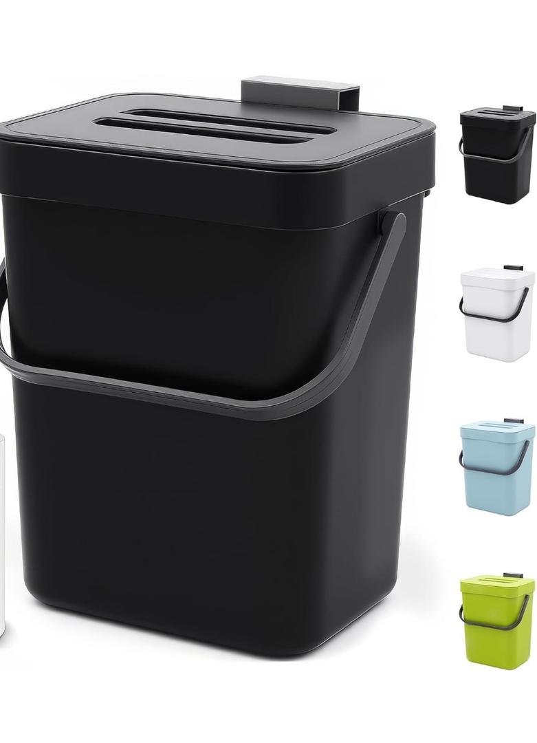 Countertop Compost Bin - 1.3 Gallons Hanging Small Trash Can with Lid for Kitchen Bathroom, Under Sink Kitchen Trash Can, Indoor Counter Compost Bucket with Lid, 5L(Black)