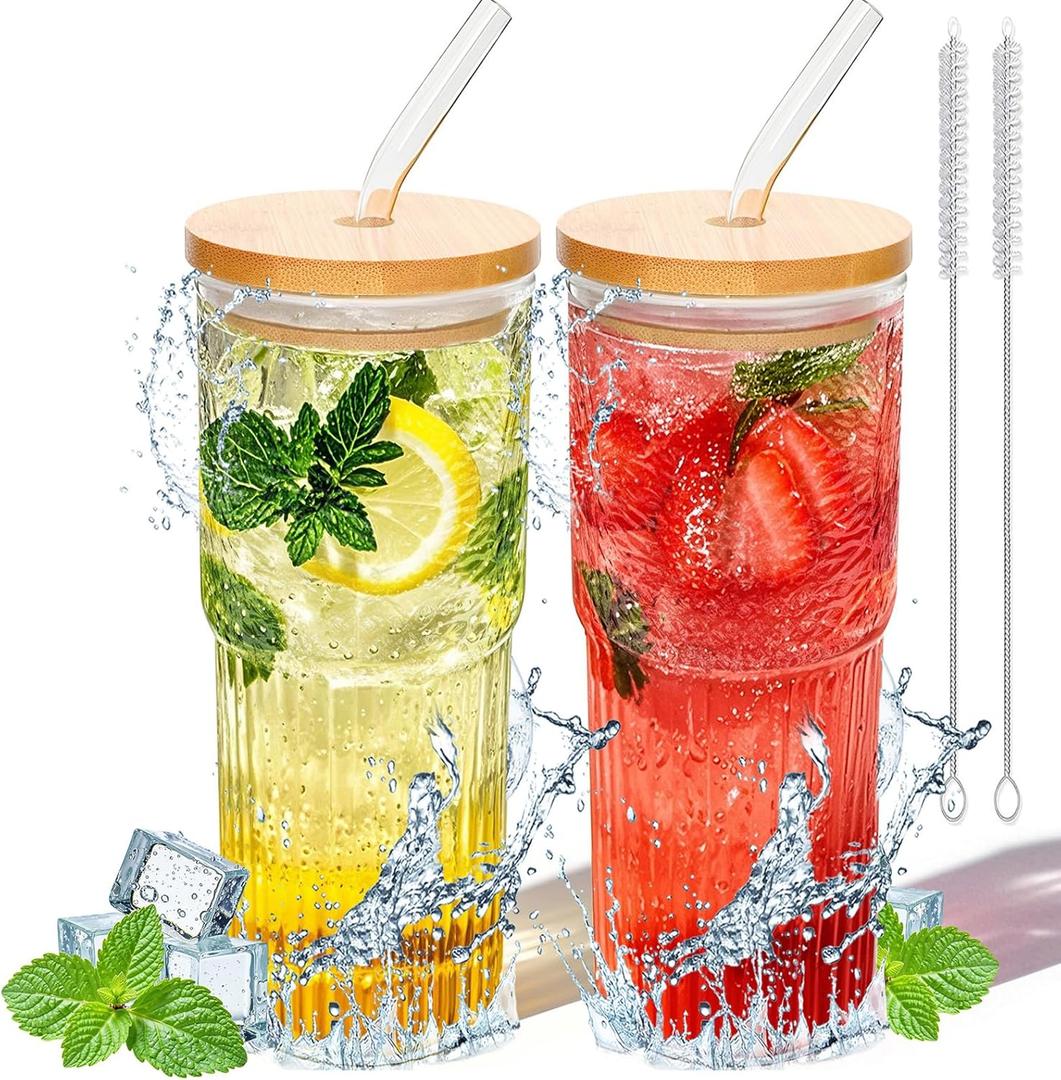 32oz Ribbed Glassware Large Cup, Glass Cups With Lids And Straws,Iced Coffee Cups With Lids,Glasses Drinking Set,Cute Cups,Boba Cup,With Straw Brush,Ideal Gift