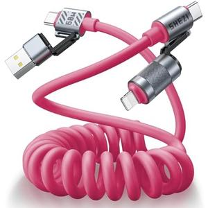 Vexipia 4-in-1 Coiled USB C Cable for Car 5FT [60W Fast Charging] Compatible with Lightning Cable [CarPlay & Android Auto] Multi Charger Cord Combo with L/Type C/USB A Ports for iPhone/iPad (Pink)
