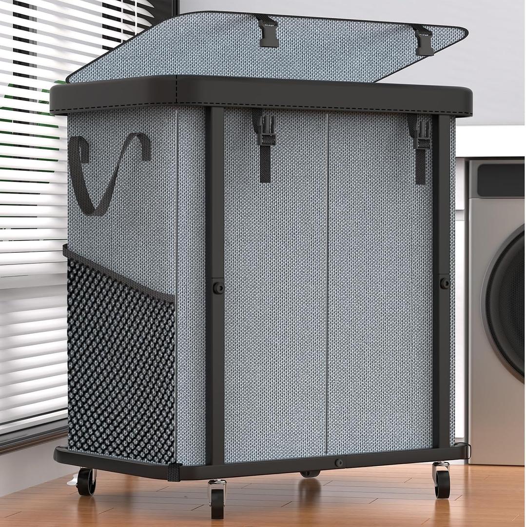 Laundry Basket with Wheels,190L Leather Patchwork Laundry Hamper 2 Setion, 2 Section-190L