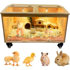 Brooder Box for Chicks Pine Wood Chicken brooder Box with Thermostat & Heating Lamp & Brake Casters Solid Panels Chick brooder for Chicks, Ducklings, Hamsters, Guinea Pigs - Chew-Proof(32x16x16 in)