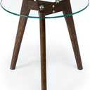 Tempered Glass Small End Table, Mnimalist Round Side Table, Mid-Century Modern End Side Table for Living Room Bedroom Small Spaces Office, with Triskele Walnut Wood Legs (15.7" D x 15.7" H)