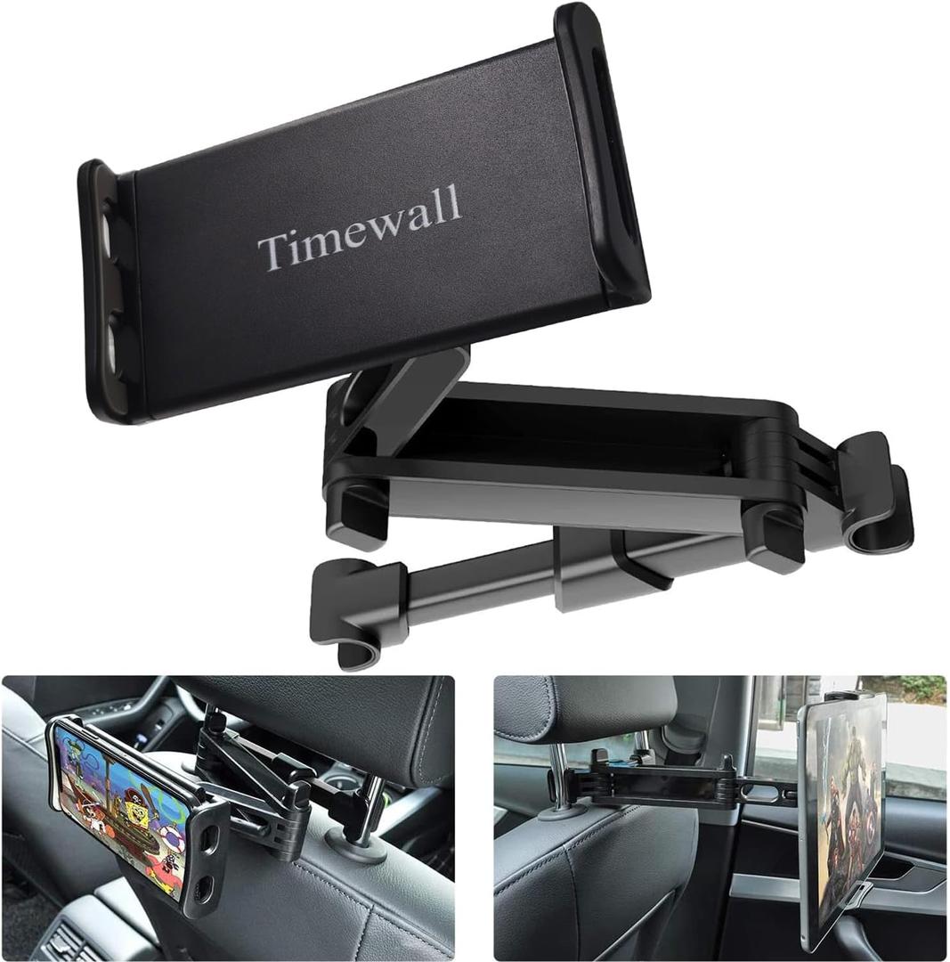 Timewall Car Headrest Tablet Mount, Backseat Seat Universal Cell Phone Holder 360 Swivel Rotating Angle Adjustable Stretchable for iPad iPhone, Samsung, Switch, 5-11" Tablet Phone Black