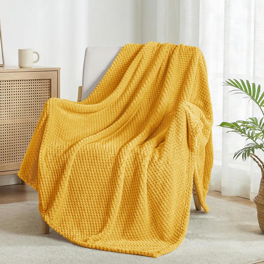 Exclusivo Mezcla Fleece Throw Blanket Extra Large, Super Soft and Warm Blankets for Couch, Sofa and Bed Waffle Textured, Cozy, Fuzzy and Lightweight (Mustard Yellow, 50x70 Inches)