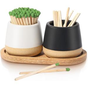 FreeJac Set of 2 Ceramic Match Holder with Striker - Match Container With Wooden Tray Matchstick Holder for Kitchen Bathroom Candle Parlor Modern Home Decor - MATCHES NOT INCLUDED (Mist-Black and White)